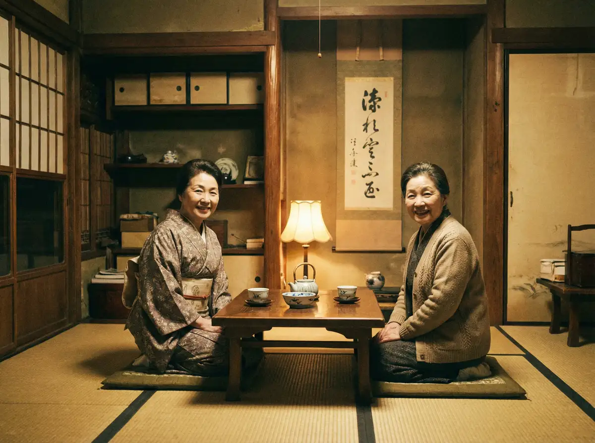 两位优雅的 七天探花 在日式茶室中品茶交谈